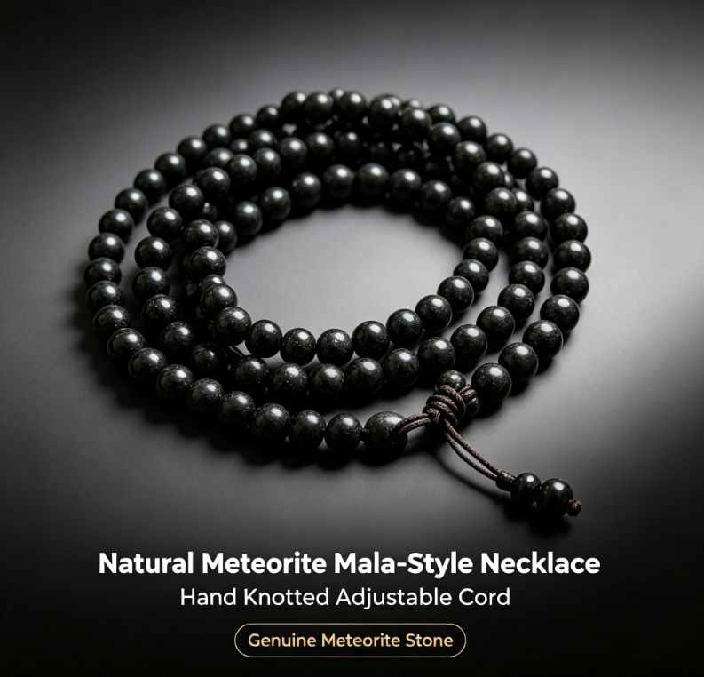 Natural Meteorite Mala‑Style Necklace, Hand Knotted Adjustable Cord Unisex Meditation Collection Jewelry
