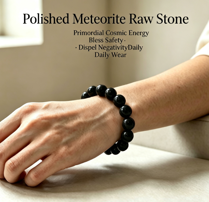 Authentic Natural Meteorite Bracelet, Polished Round Bead Unisex Mineral Collection Jewelry